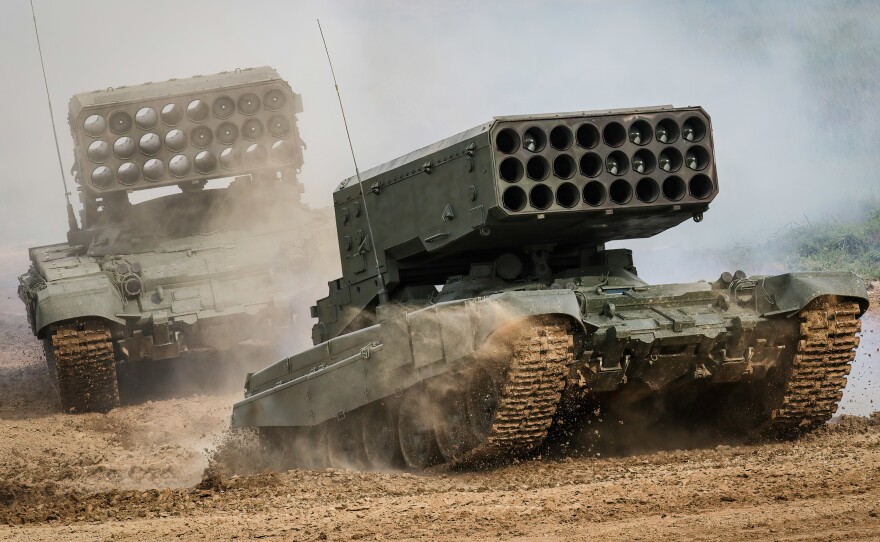 Russian Army TOS-1A "Solntsepyok (Blazing Sun)" multiple rocket launcher and thermobaric weapon mounted on a T-72 tank chassis seen during the annual Army Games defense technology international exhibition.