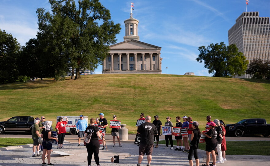 People gather during a March 4 Mercy protest against the death penalty at the Tennessee State Capitol, Sunday, Sept. 27, 2026, in Nashville, Tenn. ahead of the Sept. 30th scheduled execution of Christa Pike.