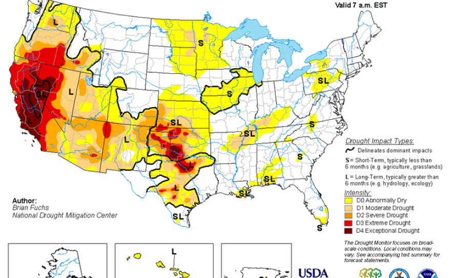 A map of the U.S. is shown detailing the drought's impacts as of Jan. 27, 2015. 