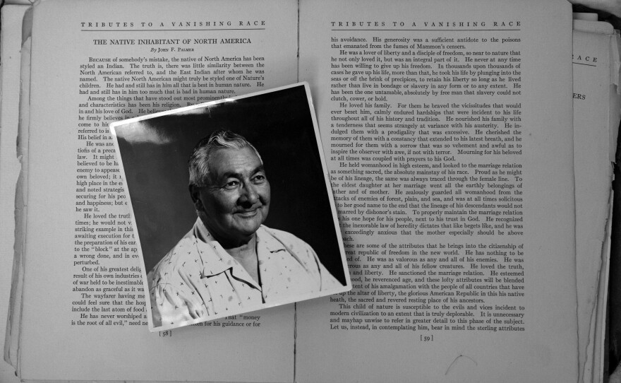 The steamer trunk contained a 1916 edition of the "Tributes to A Vanishing Race" by Native American authors Irene Beaulieu and Kathleen Woodward and consists of poetry and prose related to Native American history and literature. The photograph of John B. McGillis was taken in his elder years in Los Angeles, California.
