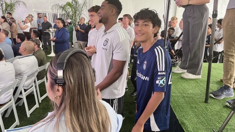 Twelve-year-old center-back Thiago Terrazas gets ready to be introduced as part of San Diego FC's new Right to Dream Academy team, Sept. 26, 2025.