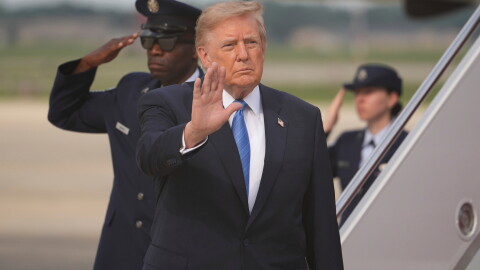 President Trump waves after arriving off Air Force One, Friday, Aug. 28, 2026, at Joint Base Andrews, Md.