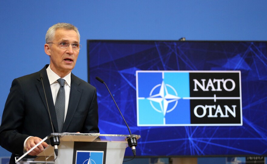 NATO General Secretary Jens Stoltenberg speaks during a press conference at the NATO headquarters in Brussels on Tuesday.