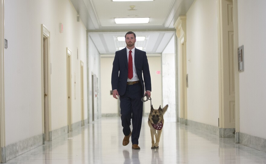 Kaya walks alongside Cole Lyle at the Rayburn House Office building on Capitol Hill.