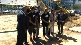 Reese Jarrett, president of Civic San Diego; Kris Michell, CEO of the Downtown San Diego Partnership; state Assembly Speaker Toni Atkins; and City Council President Todd Gloria help the RAD Lab team break ground on a temporary park in San Diego's East Village, Oct. 1, 2014.