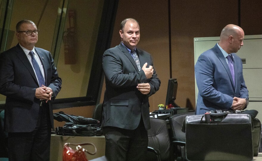 From left, former Detective David March, Chicago Police Officer Thomas Gaffney and former officer Joseph Walsh appear at a pre-trial hearing at the Leighton Criminal Court Building in Chicago last month.