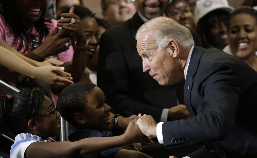 Vice President Biden greets kids during a campaign stop at Renaissance High School in Detroit in August 2012.