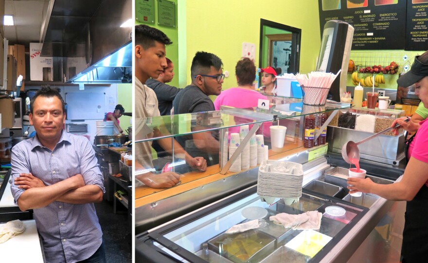 Jose Luis Valdez (left) at his restaurant Paleterias Tropicana in Kansas City, Kan. Valdez is disappointed that Obama did not make the path to citizenship easier during his presidency. (Right) Paleterias Tropicana, an ice cream shop that also serves traditional Mexican lunch and dinner items.