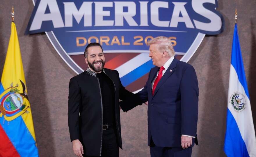 President Donald Trump has maintained a friendly relationship with Salvadoran President Nayib Bukele, hosting him at the White House and at the Shield of the Americas Summit, Saturday, March 7, 2026, at Trump National Doral Miami in Doral, Fla.
