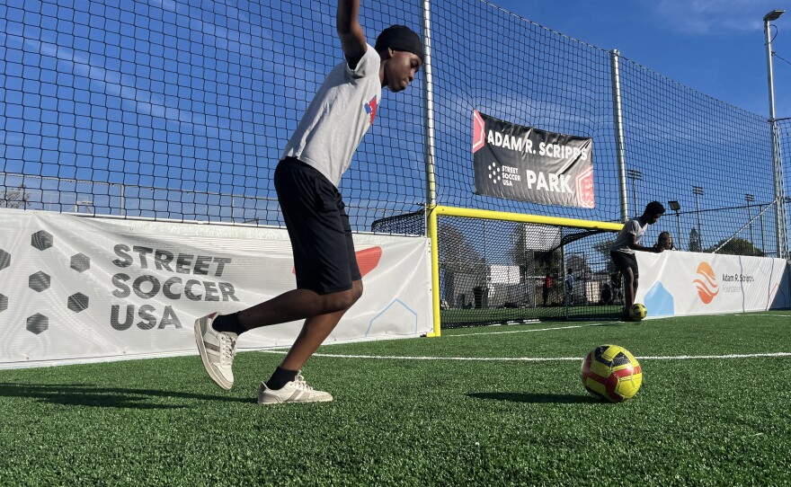 A young boy prepares to kick a soccer ball at Adam R. Scripps Street Soccer Park, Feb. 25, 2026.