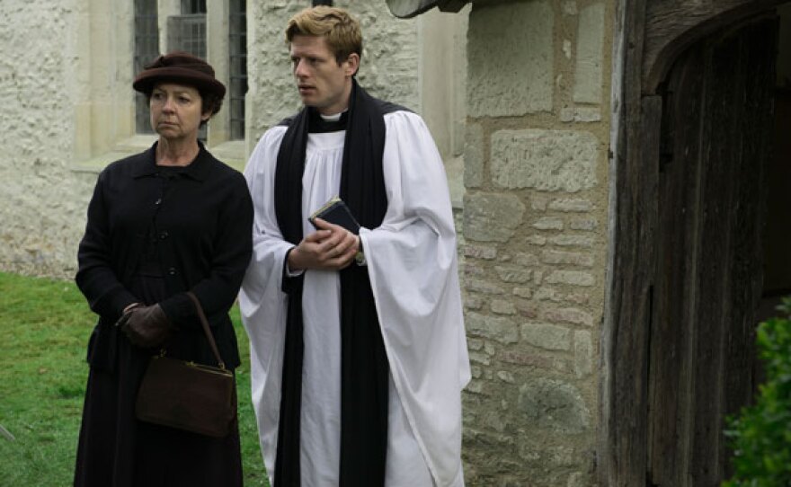 James Norton as Sidney Chambers and Tessa Peake-Jones as Mrs. Maguire.