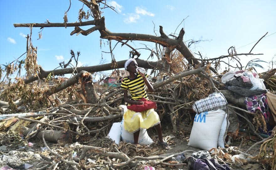 A Hurricane Matthew victim sits on a damaged tree after receiving food aid from the World Food Programme in Les Cayes, Haiti.