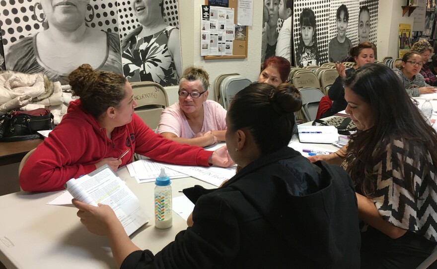 Zoila Gutierrez (left) is a student in the Encuentro home health aide class in Albequerque. Though her youngest daughter is a citizen and two older kids are registered under DACA, Gutierrez doesn't have papers, and knows she may have to leave her job and return to Mexico.
