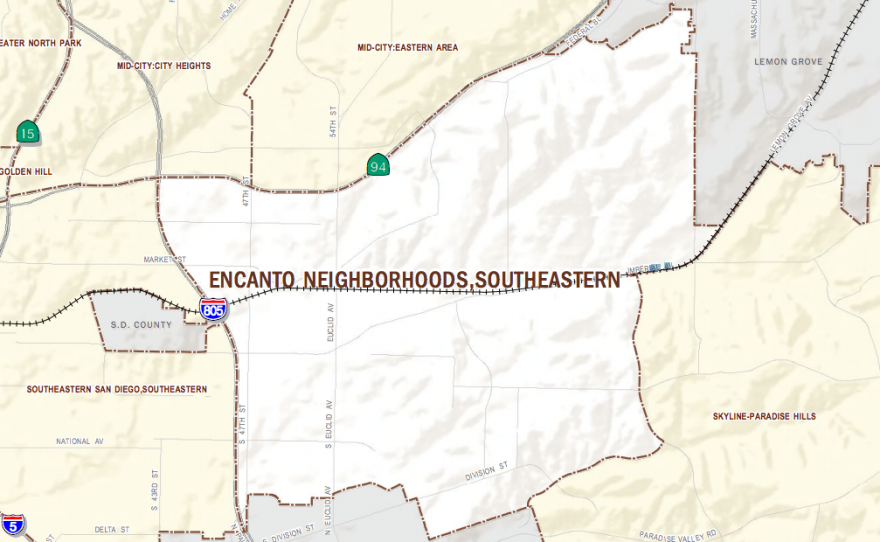 A map of the neighborhoods represented by the Encanto Neighborhood Community Planning Group.