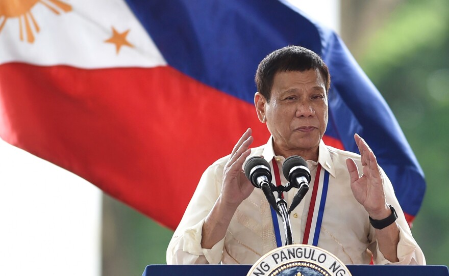 Philippine President Rodrigo Duterte speaks in Manila on Aug. 29. Duterte's war on drugs has drawn widespread criticism from human rights groups. But in Davao City, where he was mayor for more than 20 years, he remains extremely popular among residents who say he  brought order and improved life in what was a largely lawless city.
