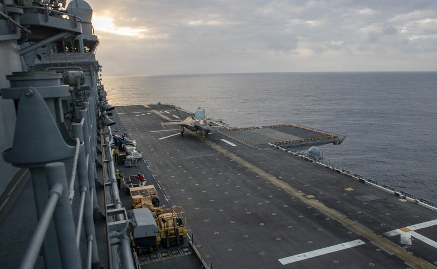 An F-35B Lighting II, attached to Marine Fighter Attack Squadron (VMFA) 121, prepares to take off from the flight deck of America-class amphibious assault ship USS Tripoli (LHA 7), Mar. 6, 2026.