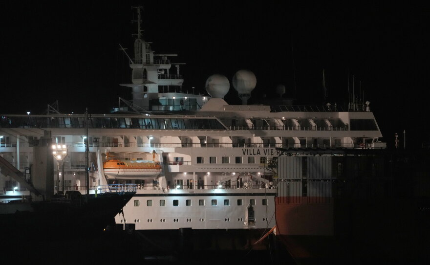 A U.S. cruise ship, the MV Odyssey, docks at the Sihanoukville Autonomous Port in Sihanoukville, Cambodia, late Wednesday evening, Oct. 28, 2026.