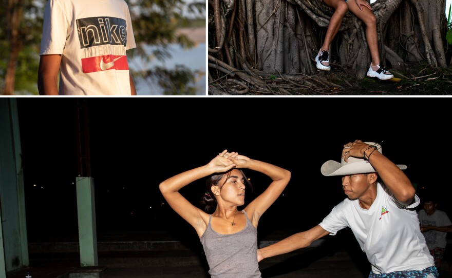 <strong>Left</strong>: Camilo Joropa, 17 years old, from the Sáliva Indigenous group, 2022. <strong>Right</strong>: Karen Rosales, 17, joined the academy at age 12, photo taken in 2020. <strong>Center</strong>: Karen Rosales and Camilo Joropa rehearse two or three times a week, mostly in the evenings at the academy, 2022.