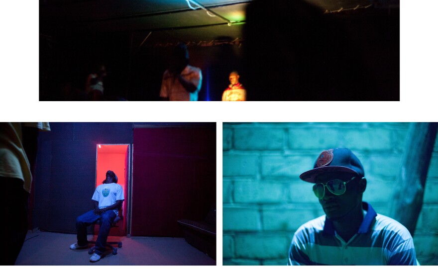 Clockwise from top left: A rapper takes a break at the Africulturban community center. Too Black, who also goes by The Lion of the Desert waits for an outdoor show to begin. Alassane Ba is a producer and a rapper. A poster of Matador, one of Senegal's most successful rappers, hangs on a wall outside the studio at Africulturban.