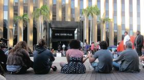 Protesters representing the Occupy San Diego movement demonstrating at the Civic Center Plaza in downtown San Diego.