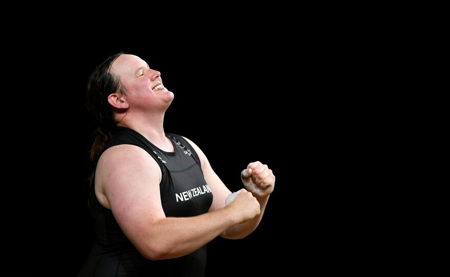 New Zealand weightlifter Laurel Hubbard celebrates completing a lift at the 2018 Commonwealth Games in Australia. Hubbard has been named to New Zealand's team at the Tokyo Olympics.