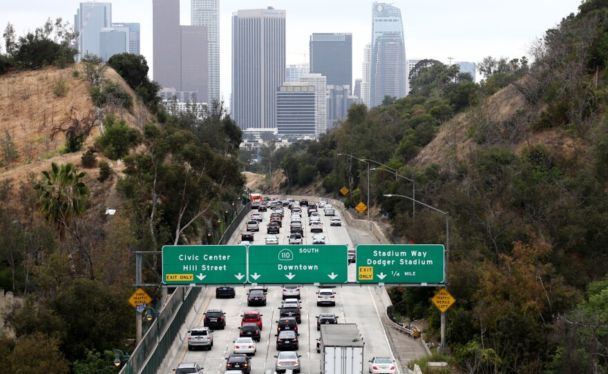 Cars make their way toward downtown Los Angeles on April 22. California could regain the right to set its own vehicle emissions standards after the Environmental Protection Agency announced it was moving to curb a Trump-era policy that sought to erode the state's previously-held power.