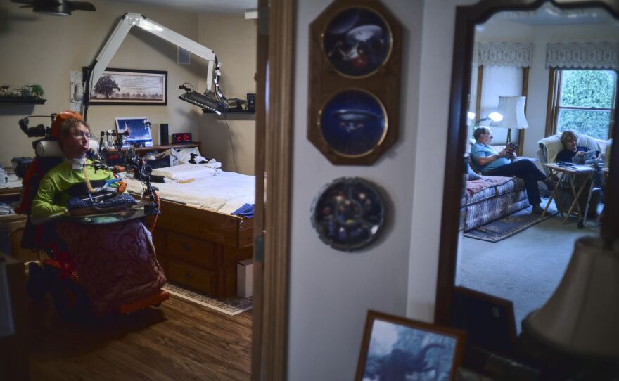 Carey is seen at his home in Appleton, Wis., with his mother Chris Dachelet and stepfather Jim Dachelet.