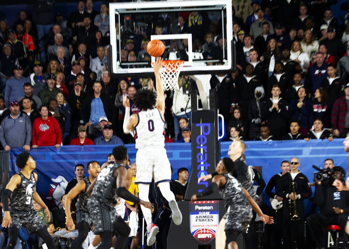 Gonzaga guard Julian Strawther takes a shot during the Armed Forces Classic aboard USS Abraham Lincoln in San Diego on Nov. 11, 2022.