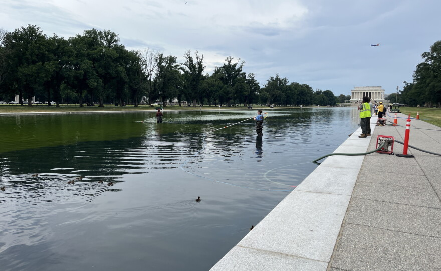 Workers battle the fast-growing common algae in the Lincoln Memorial Reflecting Pool on Thursday.