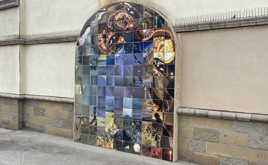 One of the tile collages on a public bathroom in Mission Beach.