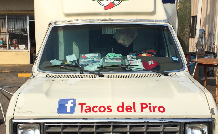 One of Piro Garcia's two taco trucks. "He was a good guy, he always helped people. He had a good family. Everybody loves his tacos," says Paul Eberson, an Army veteran who keeps a workshop next to one of Piro's food trucks.
