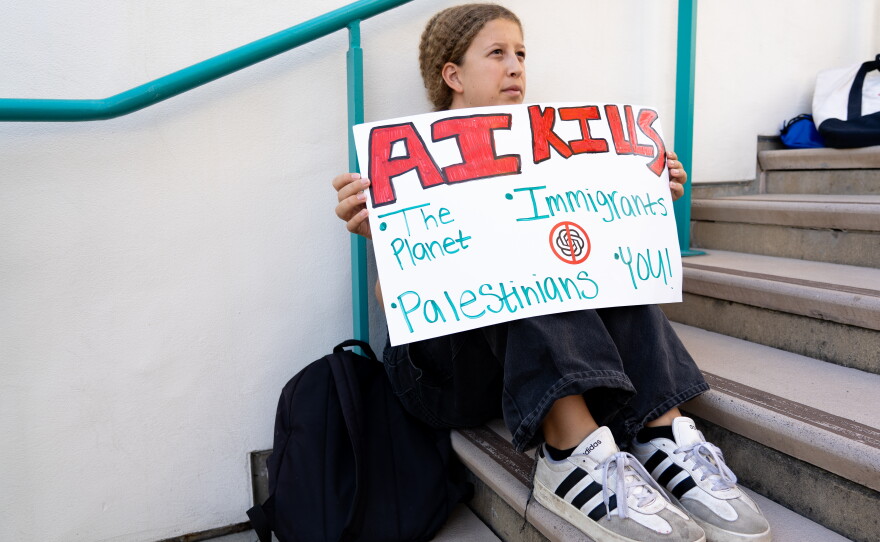 The signs reflected wide-reaching concerns with artificial intelligence at the protest at the SDSU union on Oct. 20, 2026.