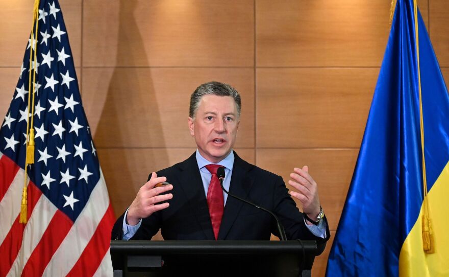 Then-U.S. special envoy for Ukraine Kurt Volker speaks during a news conference in Kyiv on July 27. Volker is being deposed on Thursday as part of the House impeachment inquiry.