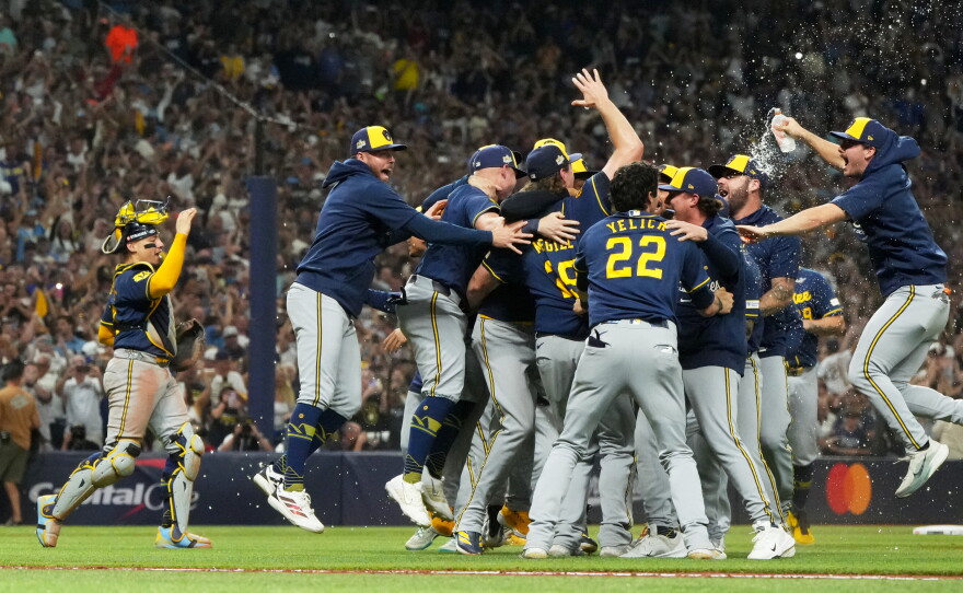 The Milwaukee Brewers celebrate after winning baseball's World Series against the Tampa Bay Rays, Wednesday, Oct. 28, 2026, in St. Petersburg, Fla.