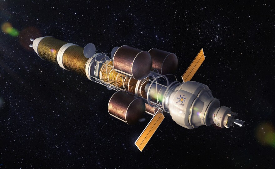 An artist's depiction of a nuclear powered spacecraft of the sort that might one day carry people to Mars. Nuclear could allow for faster journeys, according to the experts.