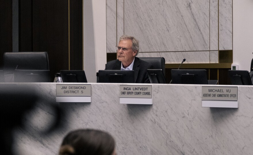 The San Diego County Board of Supervisors officially called for the immediate resignation of Supervisor Nathan Fletcher in a unanimous vote for a resolution of no confidence. Fletcher has been accused of sexual assault and harassment of former Metropolitan Transit System employee Grecia Figueroa. Fletcher announced his resignation would be on May 15, however, the Board of Supervisors is calling for his immediate removal. District 5 Supervisor Jim Desmond at his seat in chambers just before casting his vote of no confidence in disgraced Supervisor Fletcher, April 11, 2023.