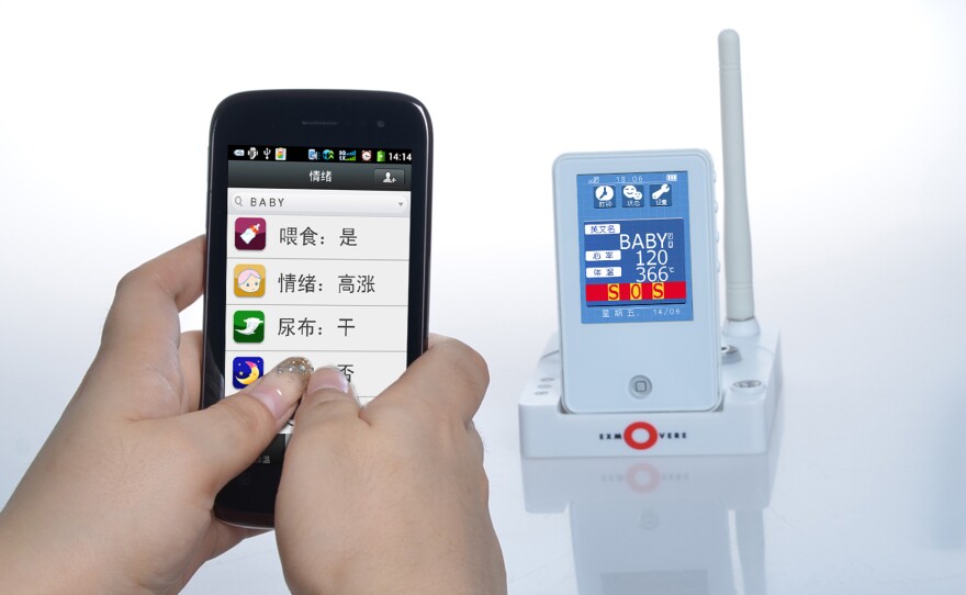 The Exmobaby monitor tracks a baby's heart rate and temperature and ports it to a parent's phone.