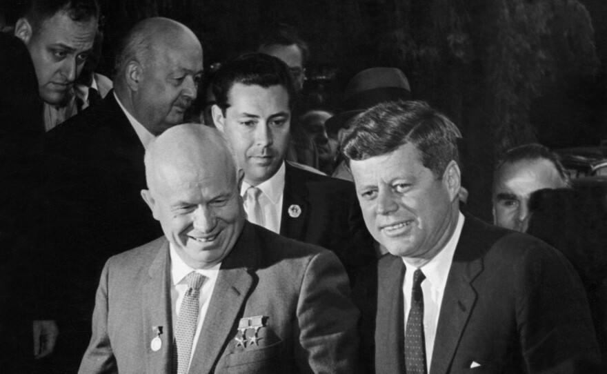 President John F. Kennedy and Soviet leader Nikita Khrushchev head to their first meeting on June 3, 1961, at the start of the East-West talks in Vienna, the year before the Cuban missile crisis.