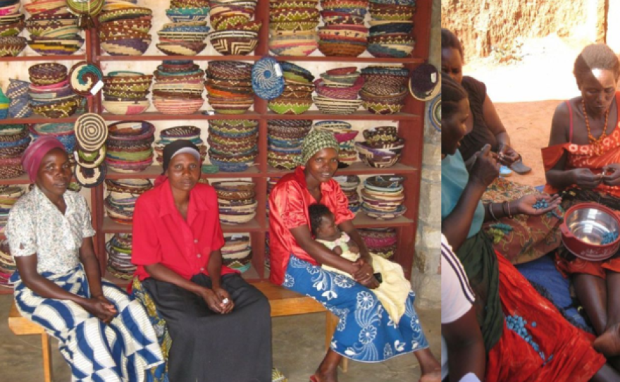 Hutus and Tutsis women joining together to basket weave. Their baskets are sold in the U.S. helping the community rebuild.