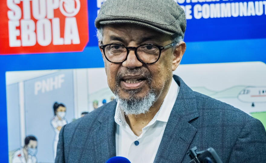 Director-General of the World Health Organisation (WHO), Tedros Adhanom Ghebreyesus, speaks to the media upon his arrival at N'djili International Airport in Kinshasa, Congo, Thursday, May 28, 2026.