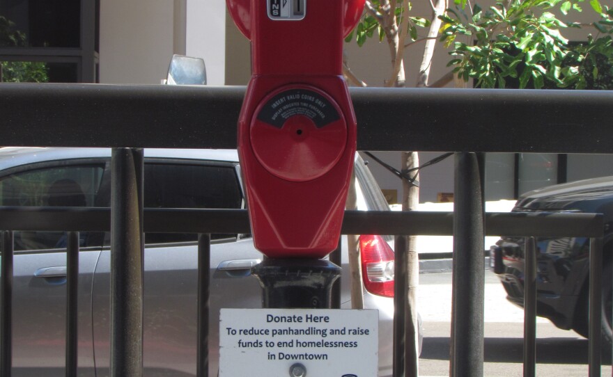 The Downtown San Diego Partnership’s donation meters accept coin and credit card payments, Oct. 23, 2015.