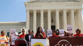 Immigration advocate and DACA recipient Diana Pliego (center) speaks in front of the Supreme Court in 2019, as the court prepared to hear arguments on former President Trump's termination of the program.