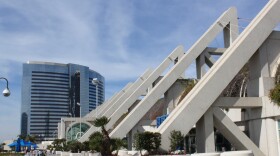 The San Diego Marriott Marquis and Marina is seen from the terrace of the San Diego Convention Center. 