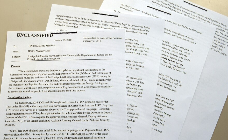 The Nunes intelligence memo is photographed in Washington, D.C., on Friday after its declassification and release.