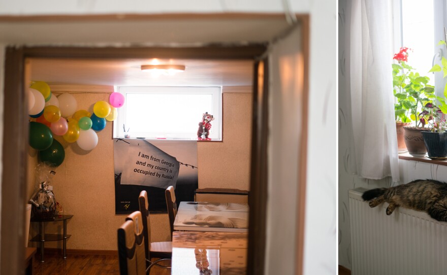Left: A sign about the occupation of Georgia hangs in the home for the elderly in Khurvaleti, Georgia. Right: A cat sits on a heater in the home.