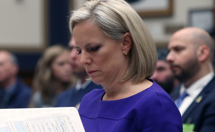 Homeland Security Secretary Kirstjen Nielsen looks at her papers while testifying before members of the House Judiciary Committee on Thursday in Washington, D.C.