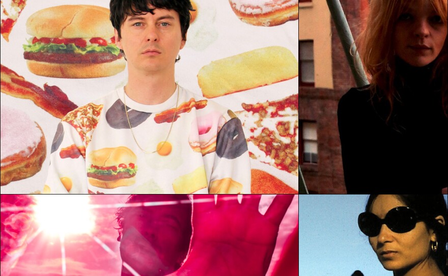 Clockwise from upper left: Panda Bear, Jessica Pratt, cover art for Red Baraat, Ian Parton of The Go! Team