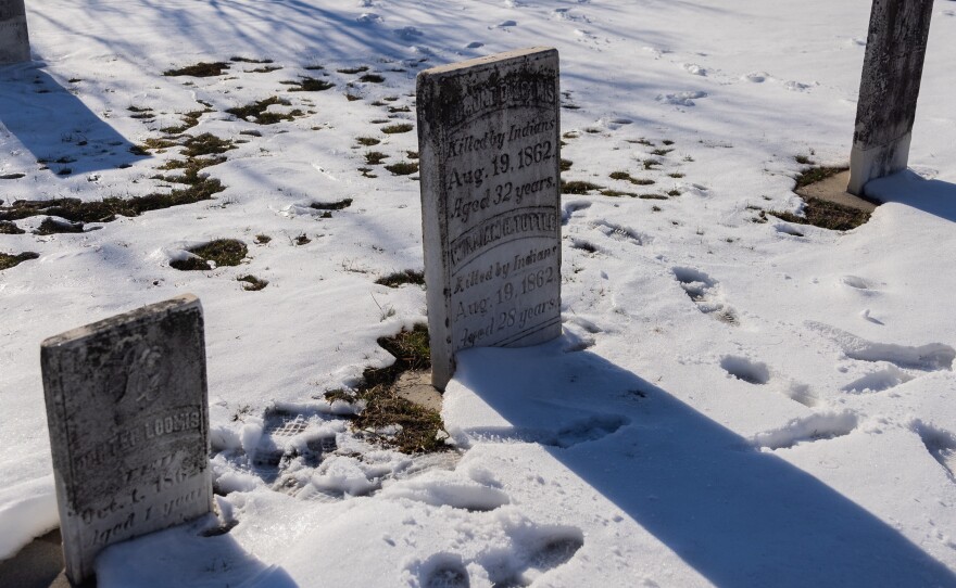 Numerous gravestones from the 1800s within the New Ulm City Cemetery read "Killed by Indians."