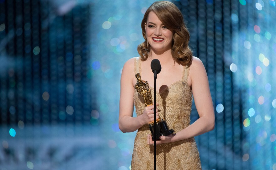 Emma Stone accepts her award for Best Actress for "La La Land."