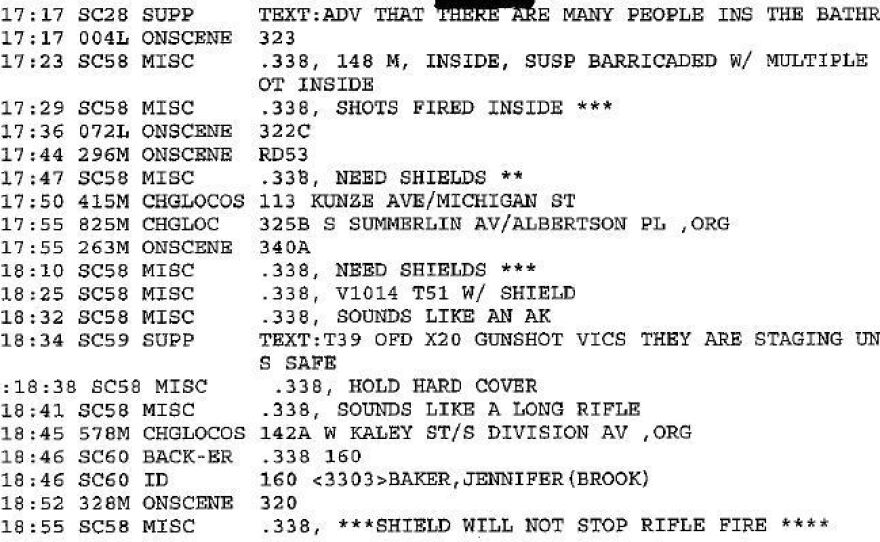 A discussion of police shields and their vulnerability to long-gun fire took place around 15 minutes after the attack on Orlando's Pulse nightclub began. The transcript is from sheriff's department communications.